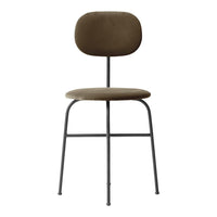 Olive green upholstered chair with a sleek black metal frame, featuring a minimalist design and curved backrest.