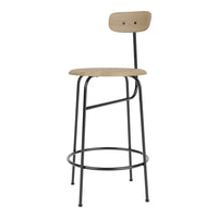 Wooden stool with natural beige seat and sleek black metal legs, perfect for modern decor.
