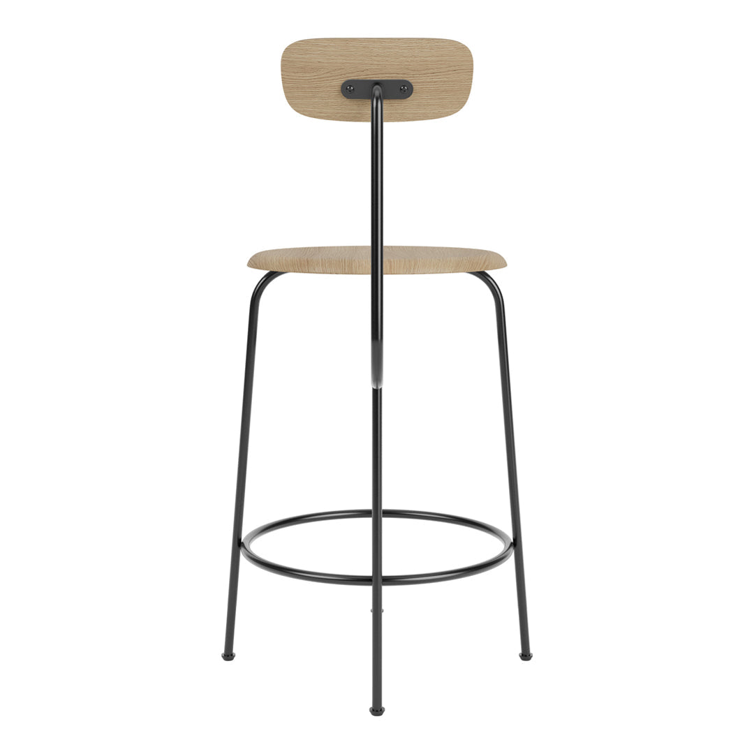 Wooden bar stool with a natural finish and sleek black metal legs, featuring a minimalist design.