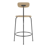 Wooden bar stool with a natural finish and sleek black metal legs, featuring a minimalist design.