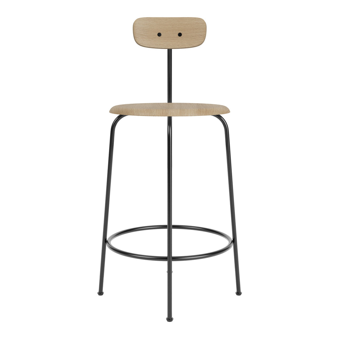 Light wood seat and backrest with black metal frame, featuring a simple and modern design.