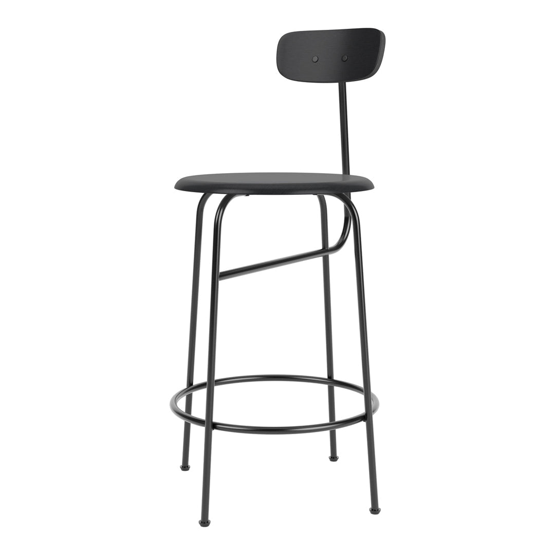 Black metal bar stool with a minimalist design and smooth, matte finish. Perfect for modern decor.
