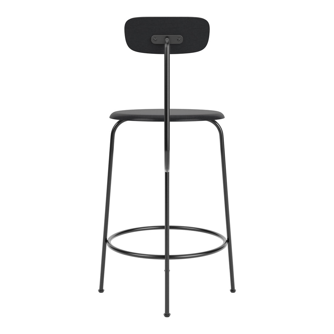 Black metal bar stool with a minimalist design and smooth matte finish, featuring a simple, understated silhouette.