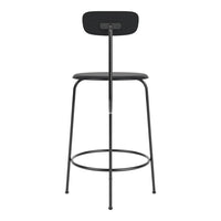 Black metal bar stool with a minimalist design and smooth matte finish, featuring a simple, understated silhouette.