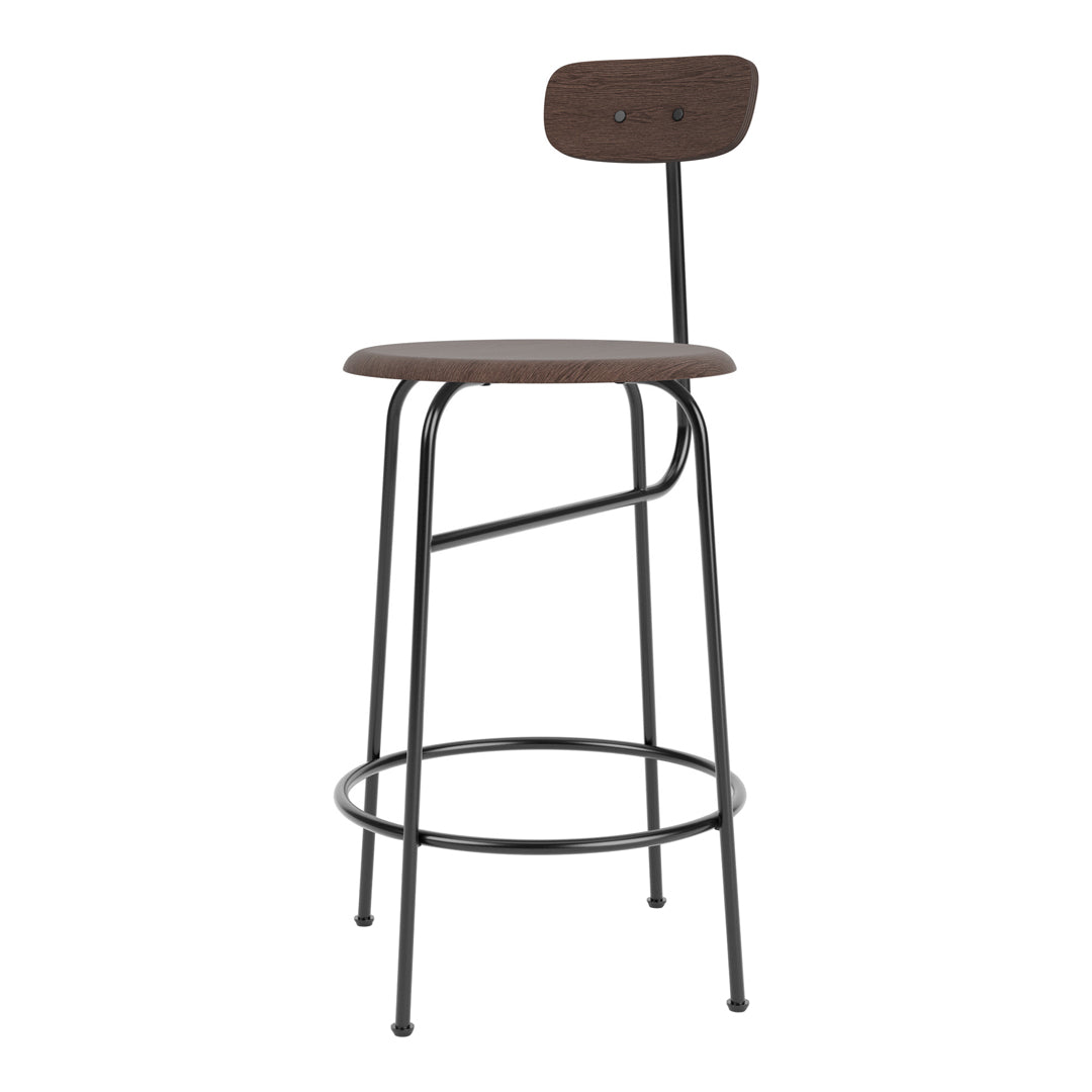Brown wooden bar stool with a sleek black metal frame and minimalist design, perfect for modern decor.