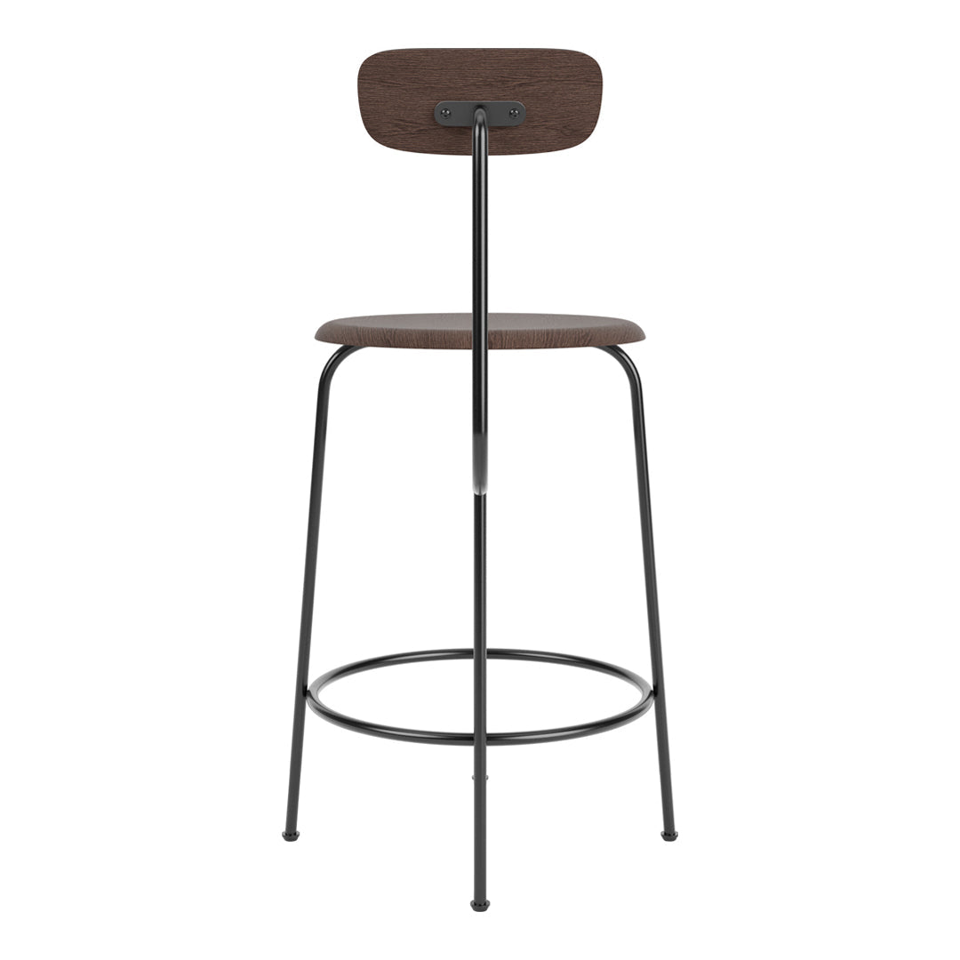"Industrial-style bar stool with a sleek dark wood seat and black metal frame, featuring a minimalist design."