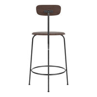 "Industrial-style bar stool with a sleek dark wood seat and black metal frame, featuring a minimalist design."