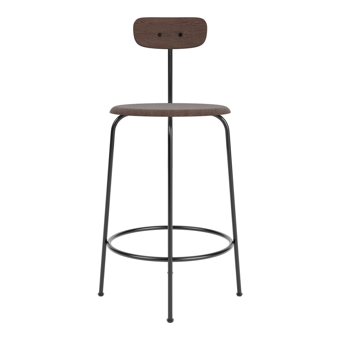 Brown wooden bar stool with a sleek black metal frame and minimalist design. Perfect for modern decor.