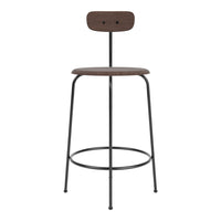 Brown wooden bar stool with a sleek black metal frame and minimalist design. Perfect for modern decor.