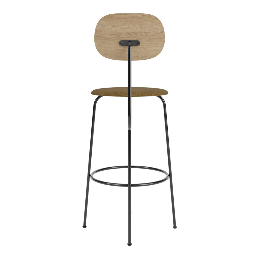 Modern bar stool with a light wood seat and backrest, featuring sleek black metal legs for a stylish look.