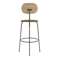 Modern bar stool with a light wood seat and backrest, featuring sleek black metal legs for a stylish look.