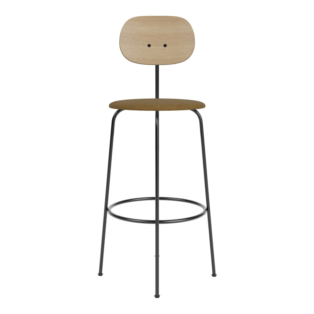 Modern bar stool featuring a light wood seat and back, with a dark metal frame and a warm brown, textured cushion.