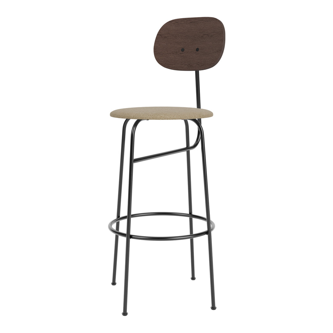 Modern black metal bar stool with a light beige seat and a dark wood backrest, featuring a sleek, minimalist design.
