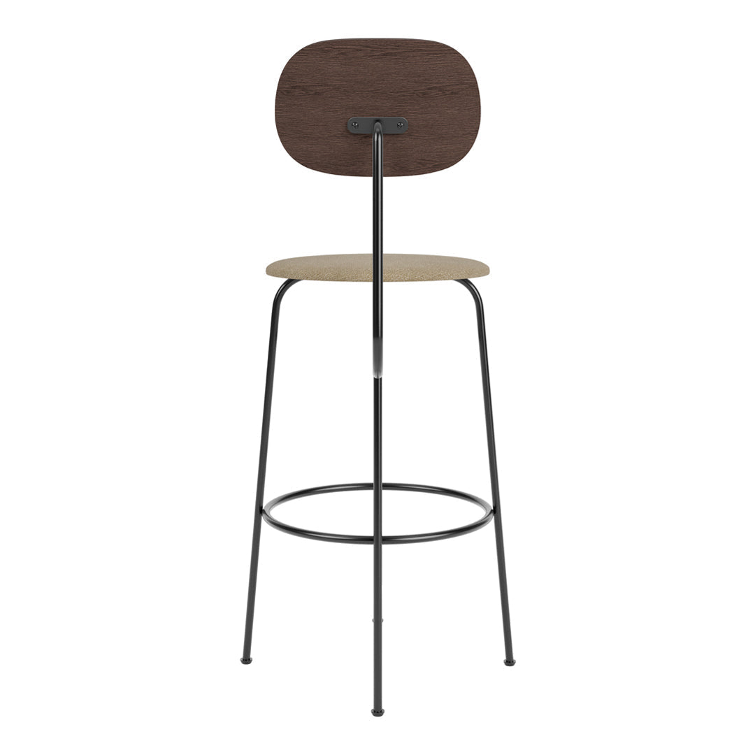 Modern bar stool featuring a dark wood backrest, light beige seat, and sleek black metal frame. Elegant and minimalist design.