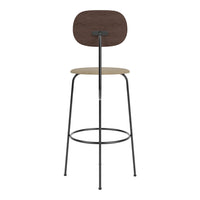 Modern bar stool featuring a dark wood backrest, light beige seat, and sleek black metal frame. Elegant and minimalist design.