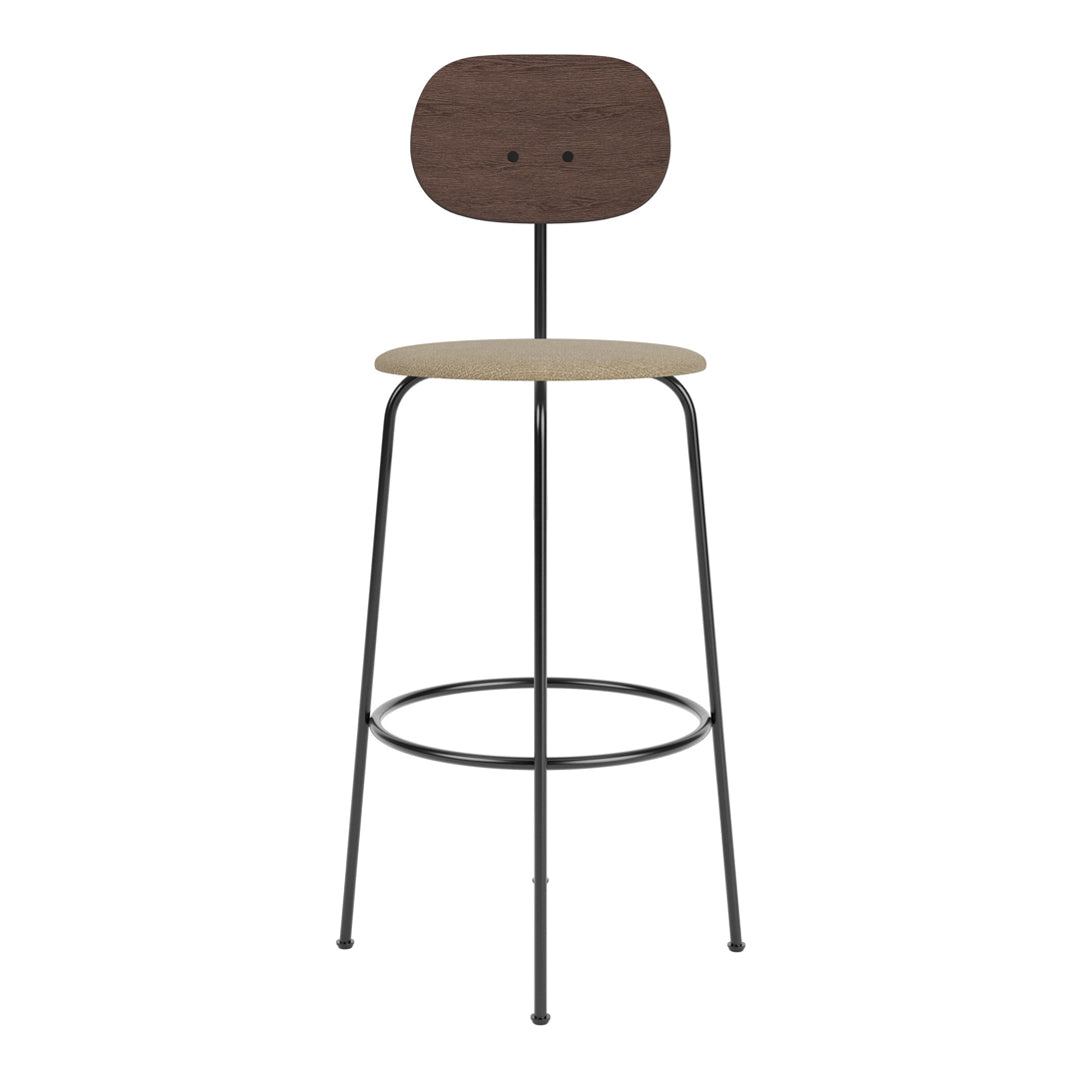 Brown wood backrest, beige upholstered seat, and a sleek black metal frame. Stylish and modern bar stool design.