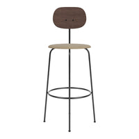 Brown wood backrest, beige upholstered seat, and a sleek black metal frame. Stylish and modern bar stool design.