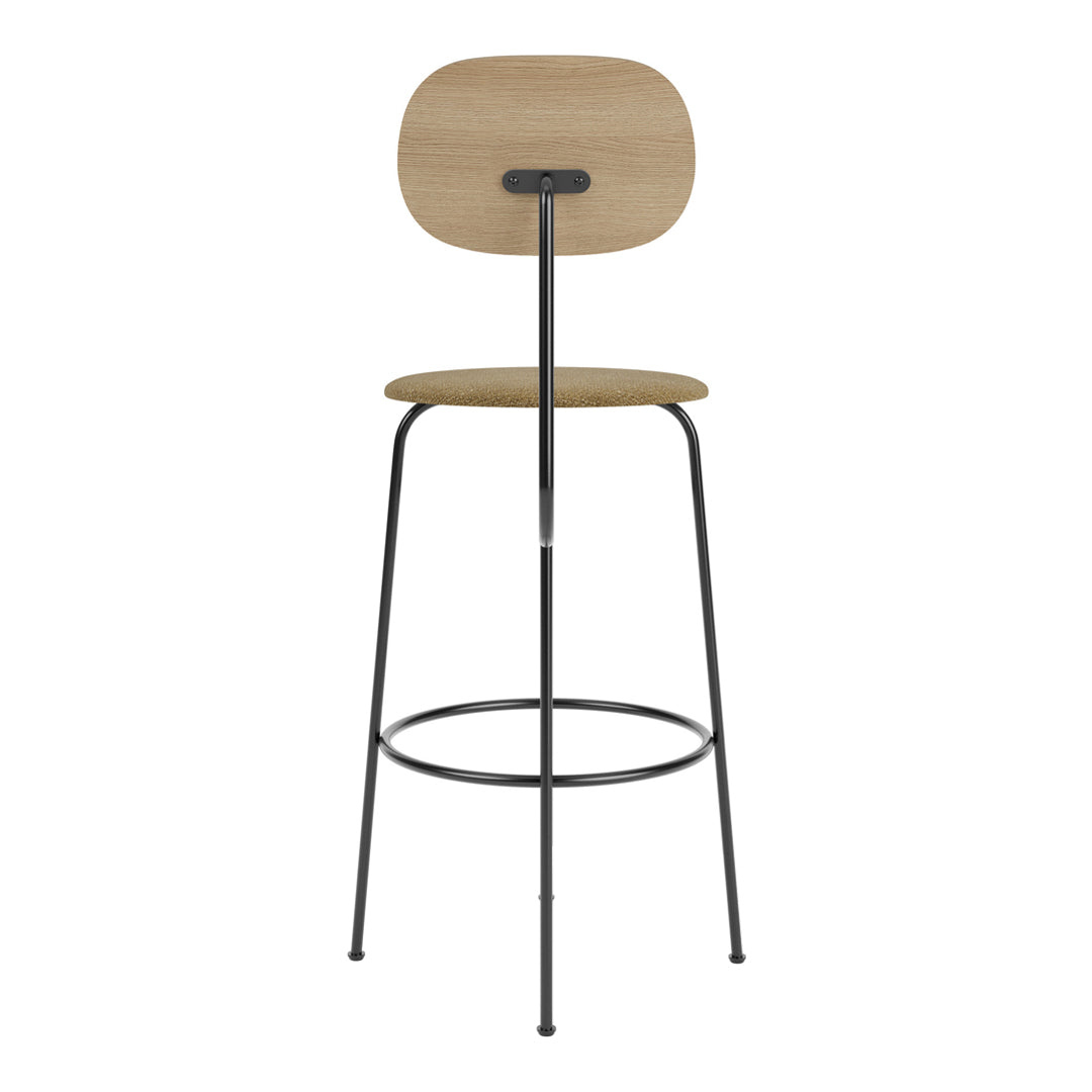 Modern bar stool with a natural wood finish and black metal frame; features a sleek, minimalist design.