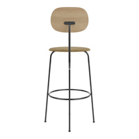 Modern bar stool with a natural wood finish and black metal frame; features a sleek, minimalist design.