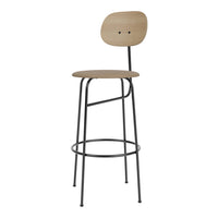 Modern bar stool featuring a natural wood seat and backrest, complemented by sleek black metal legs.