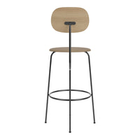 Wooden bar stool with a light oak seat and backrest, contrasted by sleek black metal legs. Modern and minimalist design.
