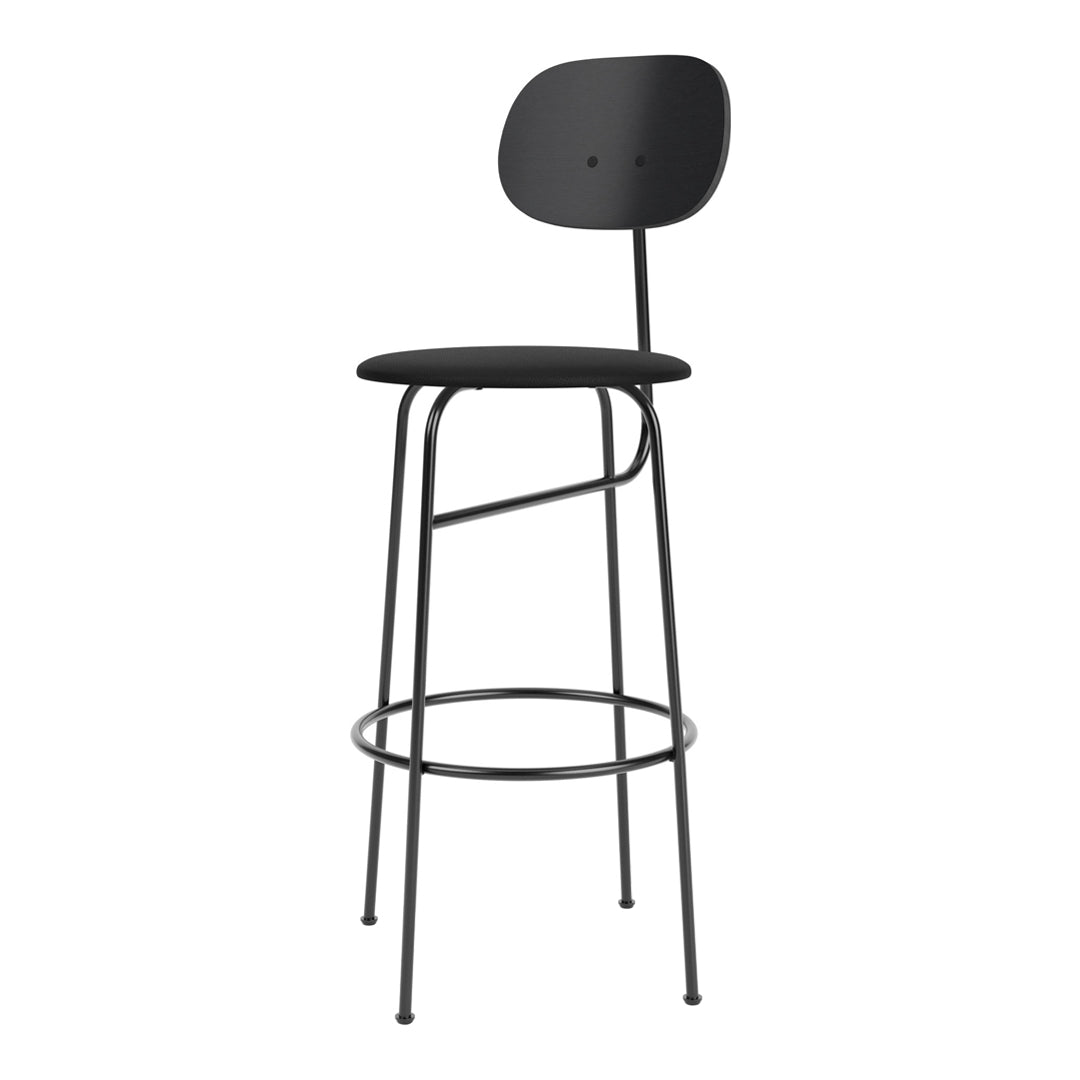 Sleek black bar stool with smooth, matte finish and minimalist design, featuring a round seat and curved backrest.
