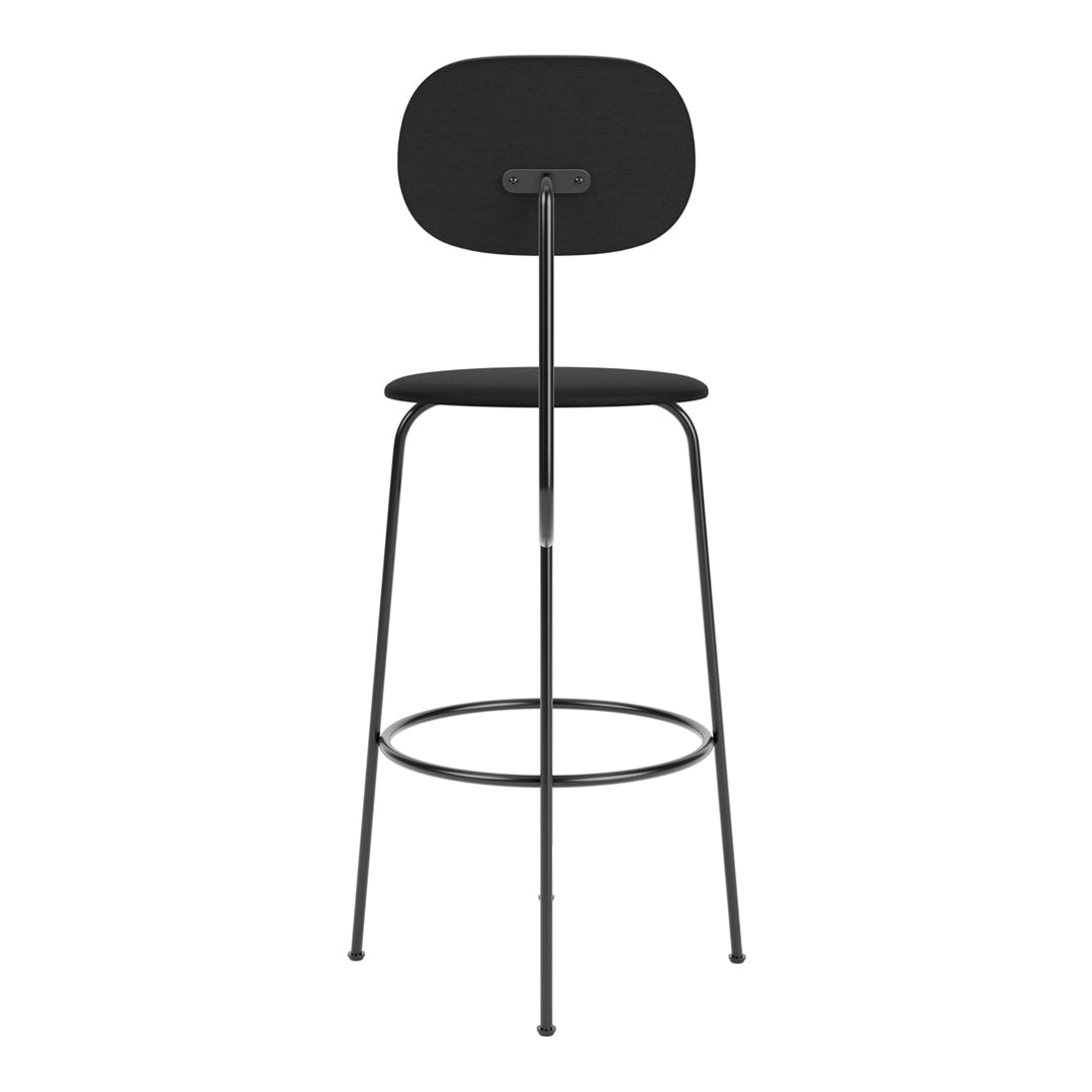 Black barstool with sleek, minimalist design. Features a smooth black seat and oval backrest, paired with black metal legs.