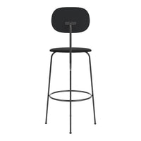 Black barstool with sleek, minimalist design. Features a smooth black seat and oval backrest, paired with black metal legs.