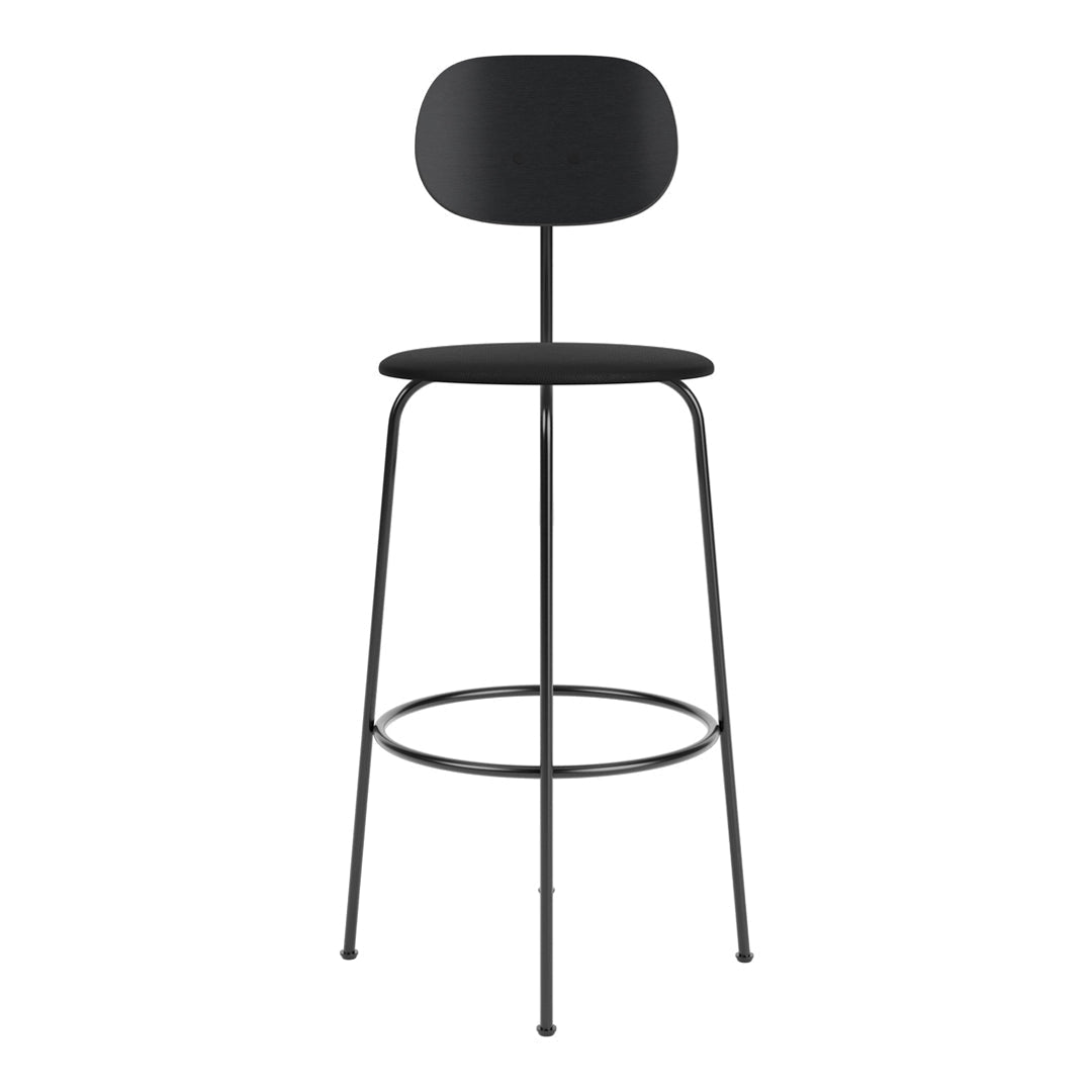 Sleek black bar stool with minimalist design, featuring a solid black seat and backrest against a slender frame.