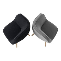 Two modern chairs in dark grey and light grey fabric with smooth curves and wooden legs. Stylish and versatile design.