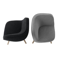 Two modern armchairs featuring a sleek black and soft gray fabric with minimalist design and wooden legs.