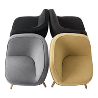 Set of modern chairs in grey, black, and mustard yellow with smooth, minimalist designs and wooden legs.