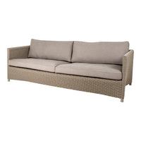 Beige outdoor sofa with woven texture, featuring gray cushions for a stylish and cozy look.