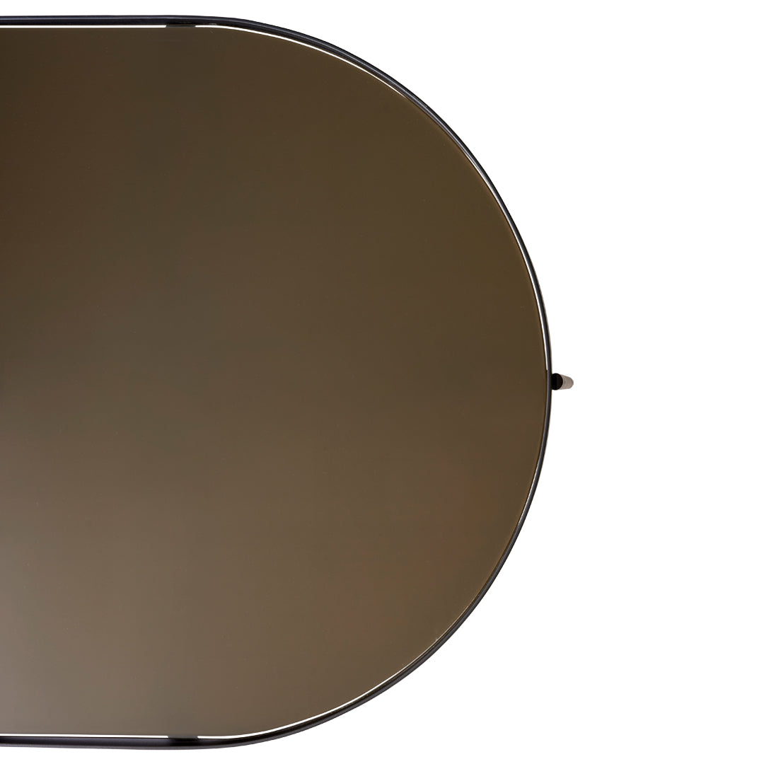 Round mirror with a sleek brown surface and black trim, perfect for modern decor.