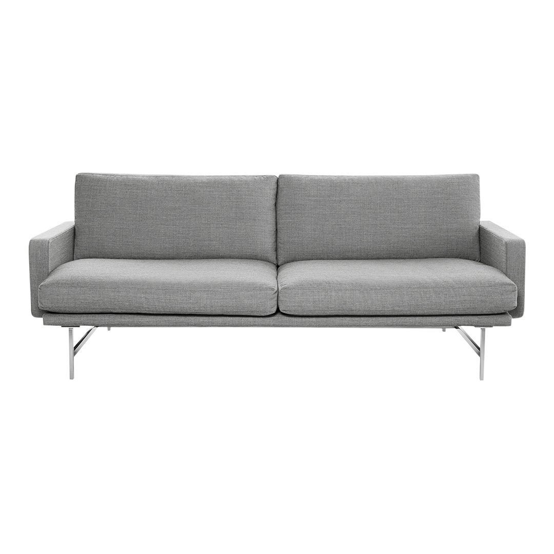Stylish gray sofa with a sleek, modern design and subtle textured fabric. Elegant chrome legs enhance its contemporary look.