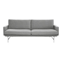 Stylish gray sofa with a sleek, modern design and subtle textured fabric. Elegant chrome legs enhance its contemporary look.