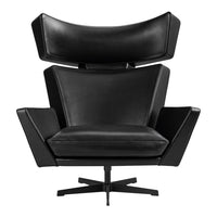 Black leather armchair with sleek, modern lines and a minimalist design, featuring a swivel base.