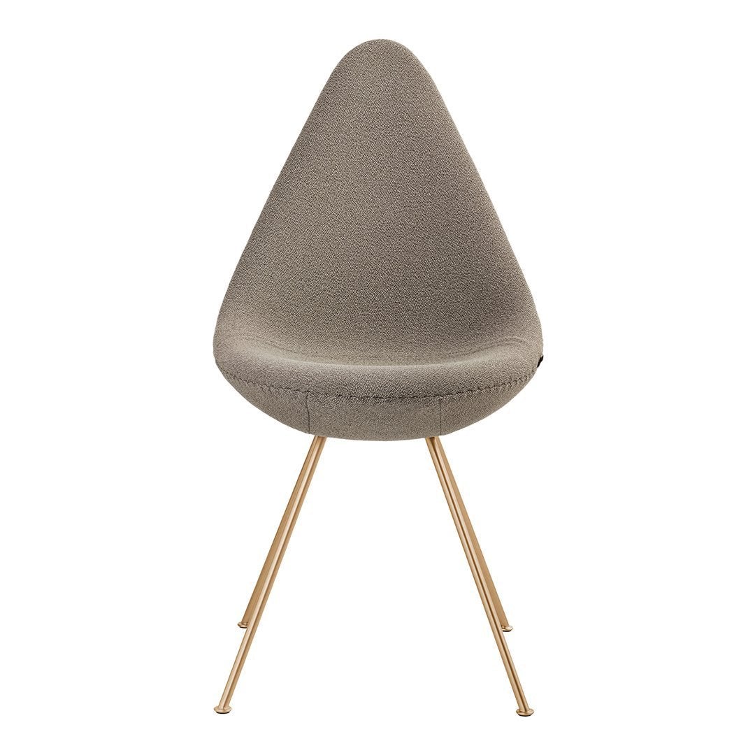 Gray teardrop chair with a textured fabric seat and golden metal legs, offering a modern, minimalist look.