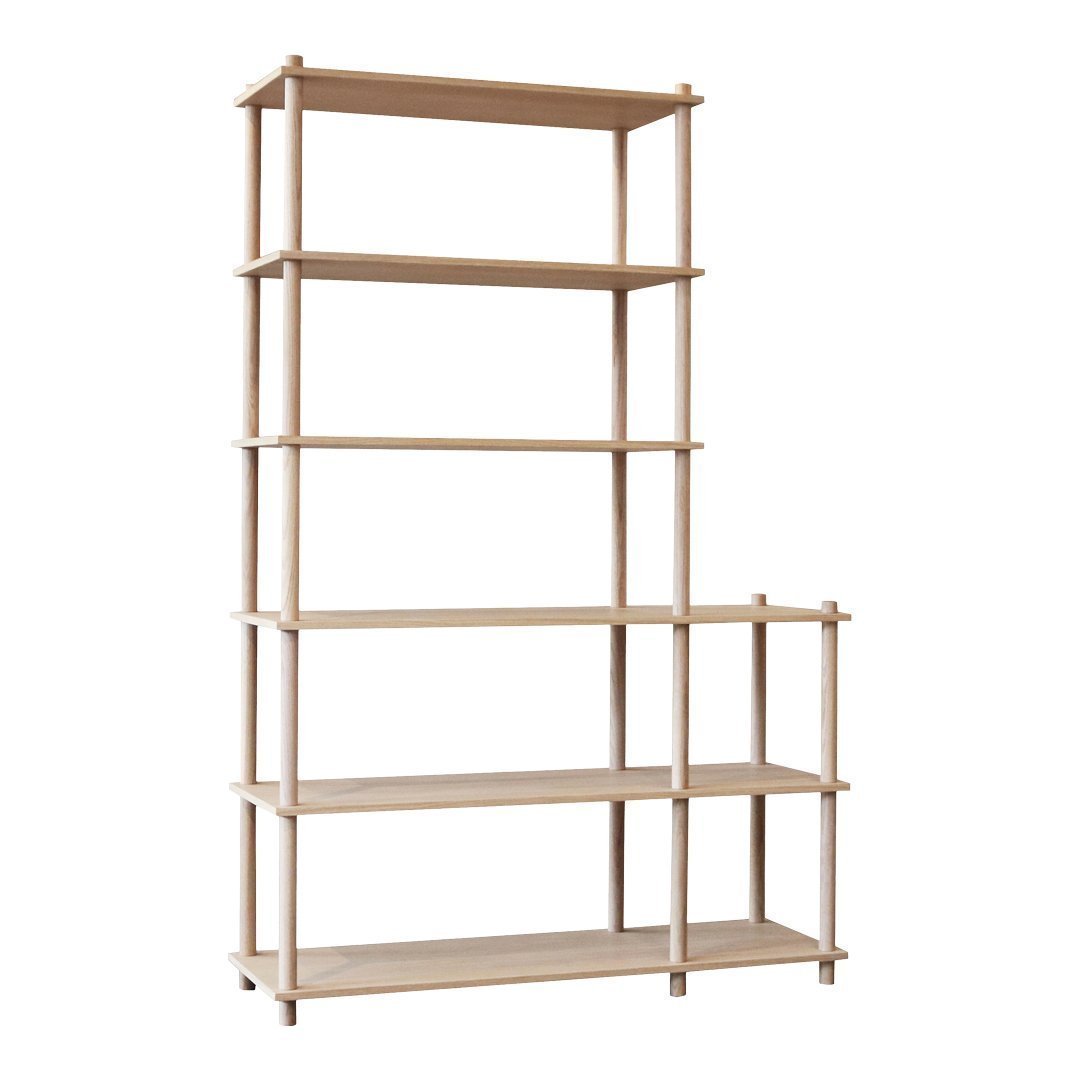 Natural wood bookshelf with a light finish, featuring a minimalist design and geometric pattern of shelves.