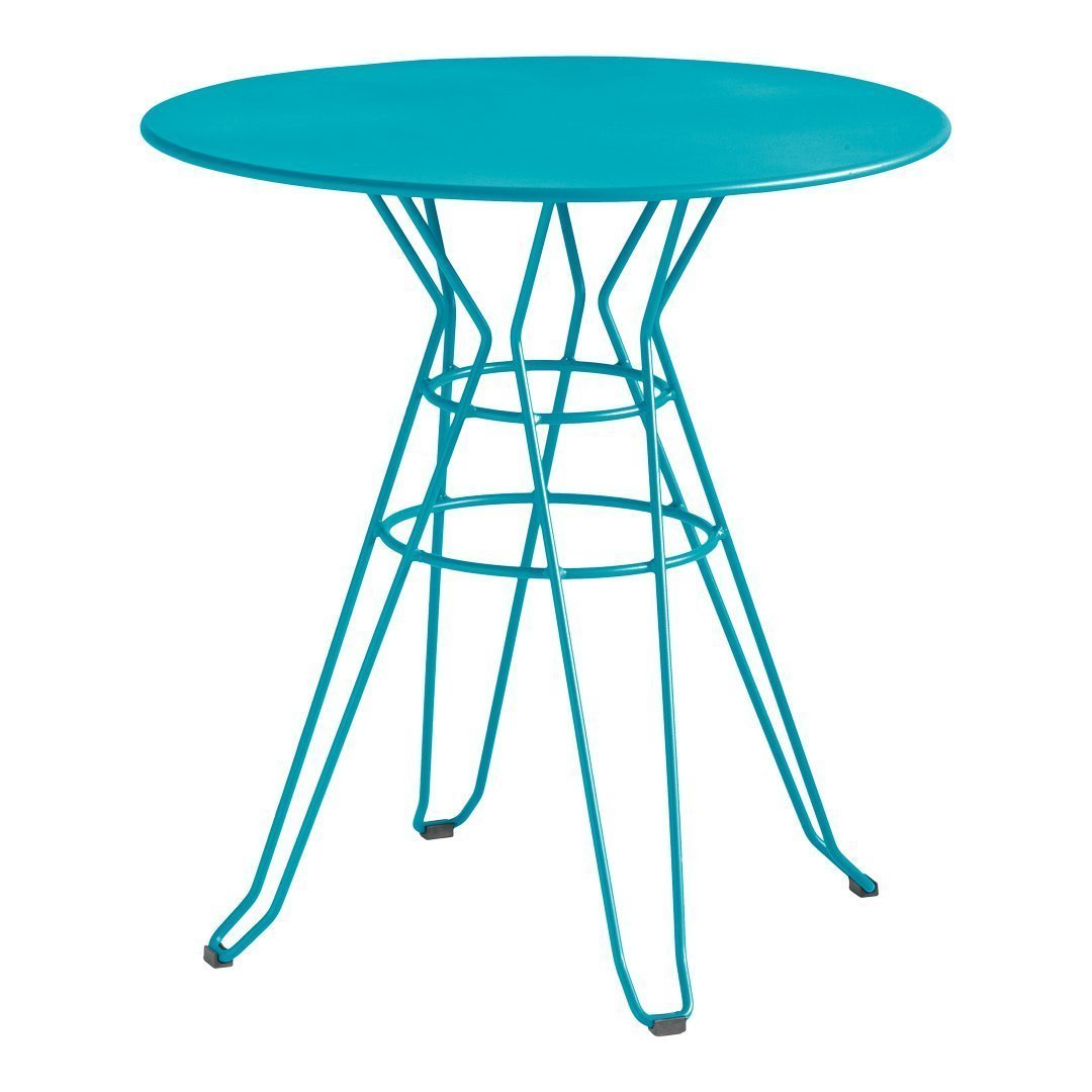 Teal round table with a sleek wire base, perfect for modern decor and outdoor settings.