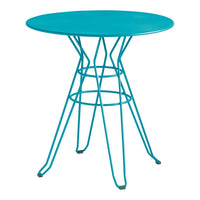 Turquoise round table with a modern wireframe base, perfect for outdoor or contemporary indoor settings.