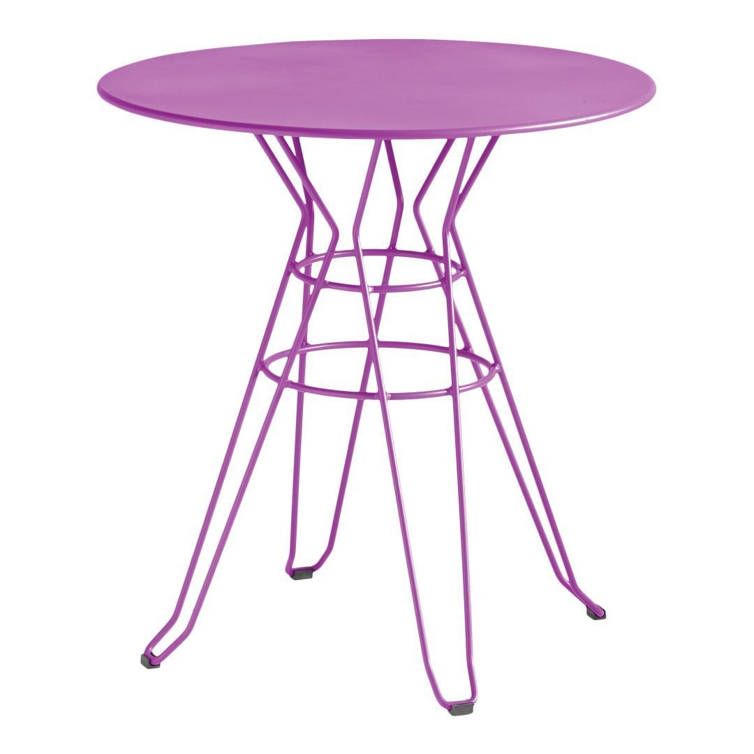 Round purple table with a geometric wire base, perfect for adding a pop of color to any space.