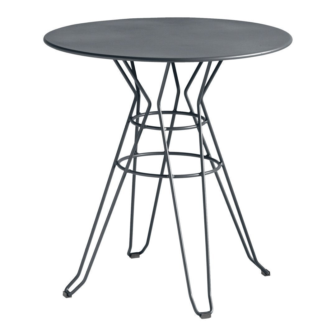 Round black metal table with a sleek design and geometric wire legs, perfect for modern decor.