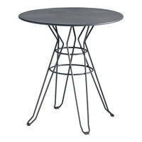 Round black metal table with a sleek design and geometric wire legs, perfect for modern decor.
