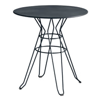 Round black metal table with a sleek, minimalist design featuring a wire base and smooth tabletop. Perfect for modern decor.