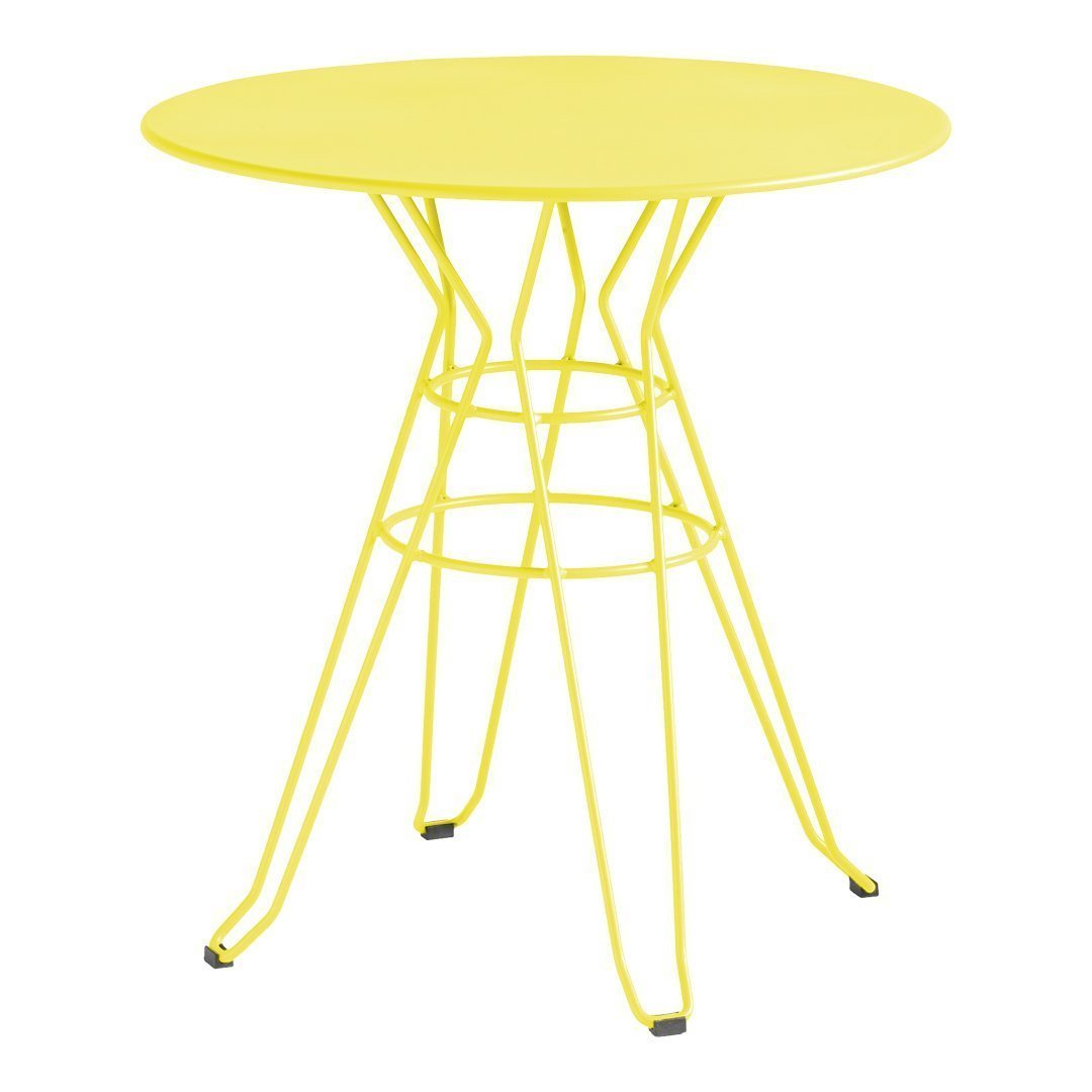 Bright yellow round table with a geometric wire design and sleek legs, perfect for modern decor.