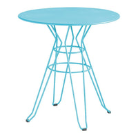 Bright turquoise round table with sleek wire legs, perfect for modern decor. Ideal for indoor or outdoor use.