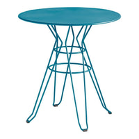 Turquoise round table with a modern wireframe design, featuring sleek lines and a vibrant, glossy finish.