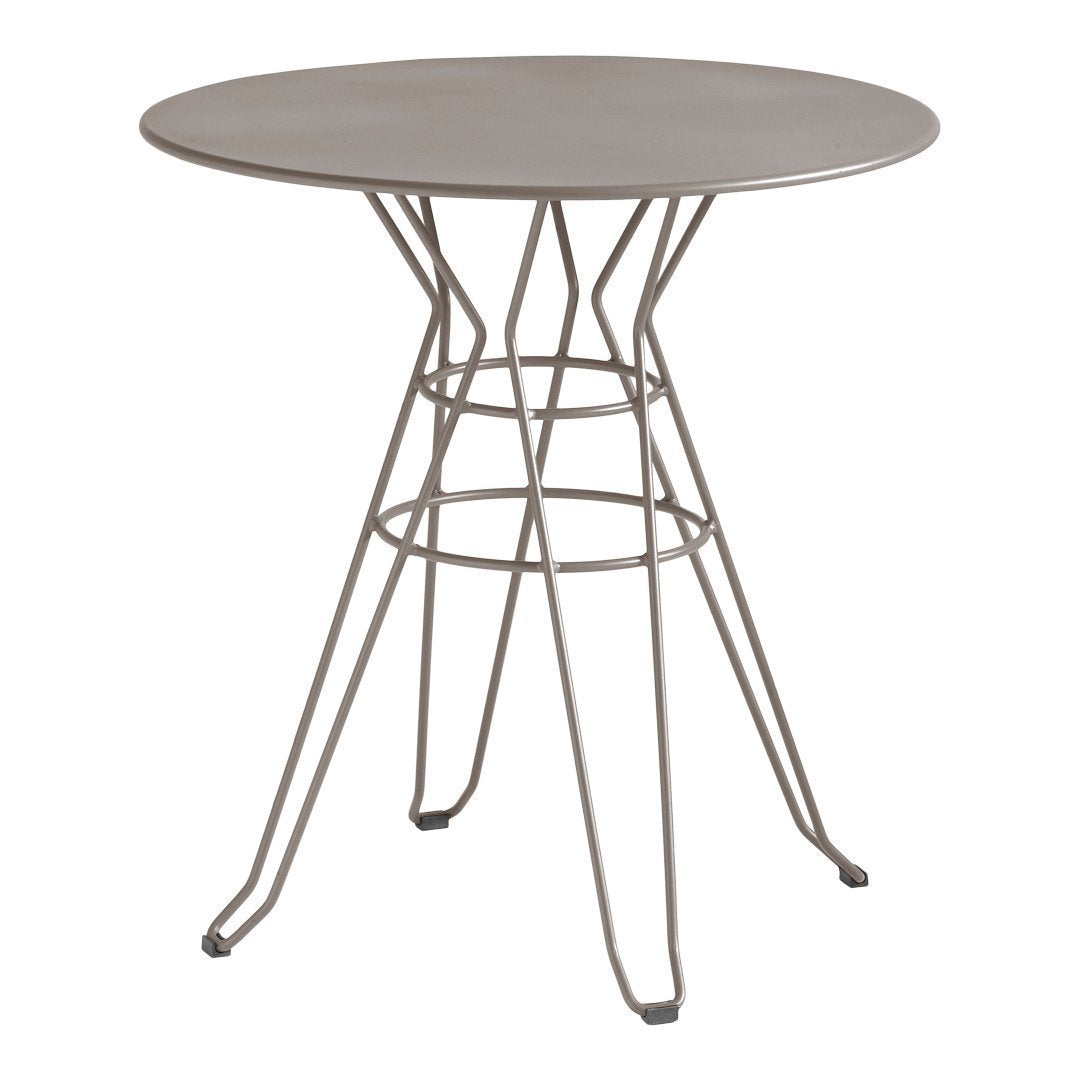 Round metal table in a sleek gray finish with geometric wire base design. Perfect for modern outdoor or indoor settings.