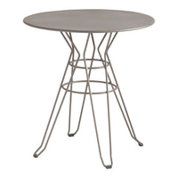 Round metal table in a sleek gray finish with geometric wire base design. Perfect for modern outdoor or indoor settings.